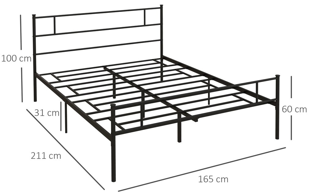 HOMCOM Pat Matrimonial din Oțel 160x200cm, Sipci Integrate, Tetieră, Suport 400kg, Stil Industrial, Negru | Aosom Romania