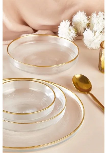 Set de masă, 18 piese, din sticlă transparentă cu detalii aurii