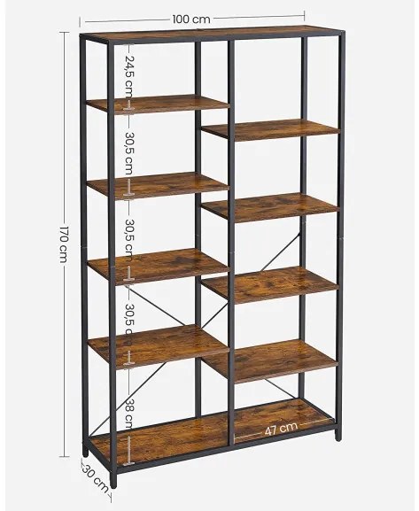 Biblioteca Cu 5 Niveluri, Maro Rustic Si Negru, 100 Cm