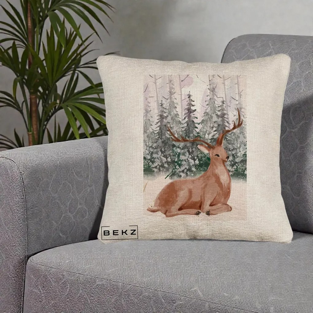 Perna Decorativa Ren in Padure Roz Moale, 40x40 cm, Bej Canapea, Husa Detasabila, Perna Inclusa, BEKZ®