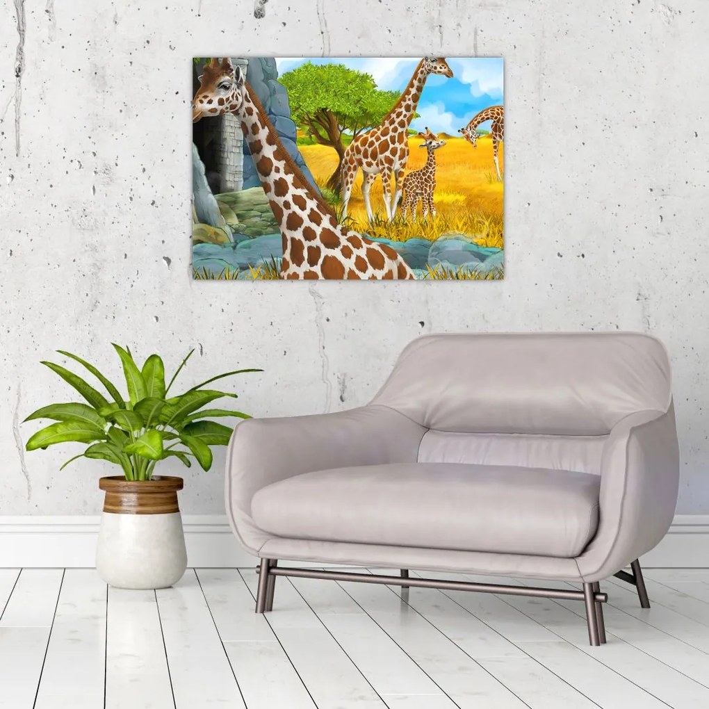 Tablou pe sticlă - Familia girafelor (70x50 cm)