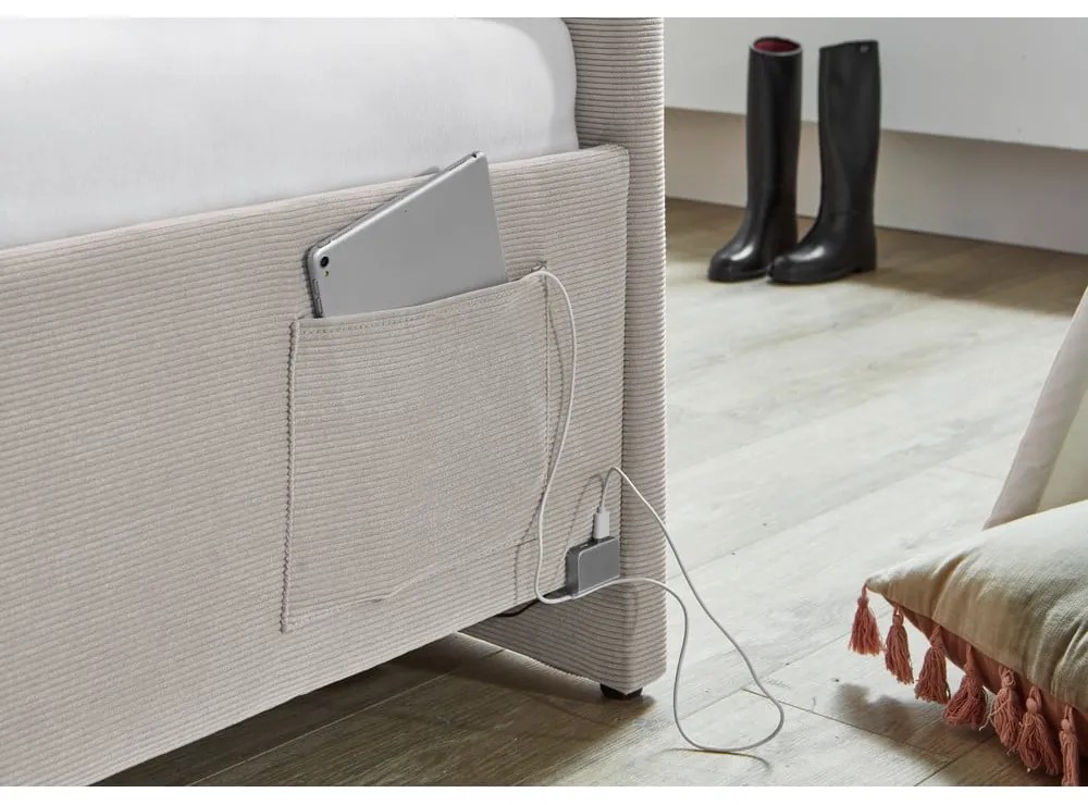 Pat pentru copii bej pe colț tapițat cu spațiu de depozitare cu somieră 90x200 cm Cool – Meise Möbel