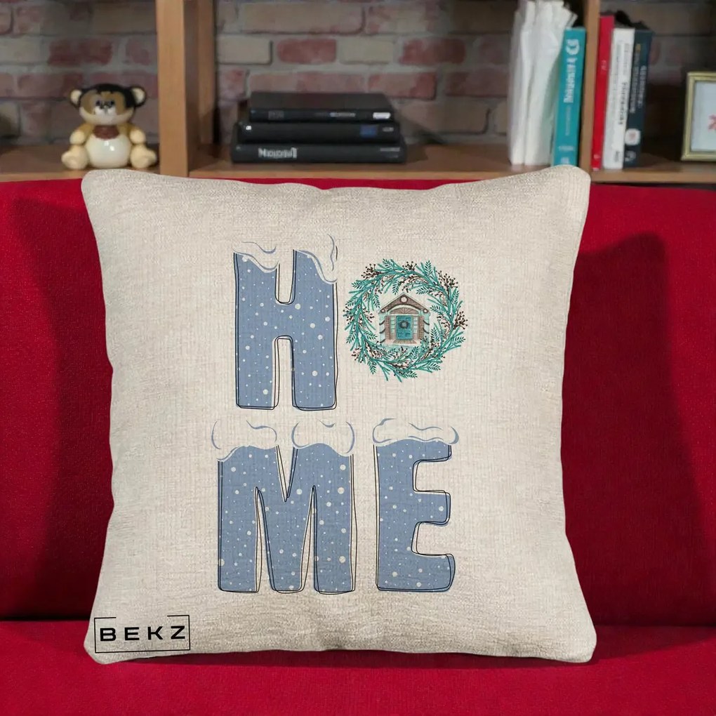 Perna Decorativa HOME Iarna cu Coroana, 40x40 cm, Bej Canapea, Husa Detasabila, Perna Inclusa, BEKZ®