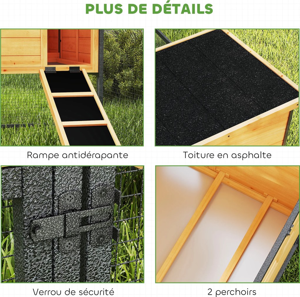 PawHut Cușcă pentru găini din lemn și oțel cu țarc, cuib, tavă pentru dejecții și acoperiș deschis 192x81,5x104cm portocaliu | Aosom Romania