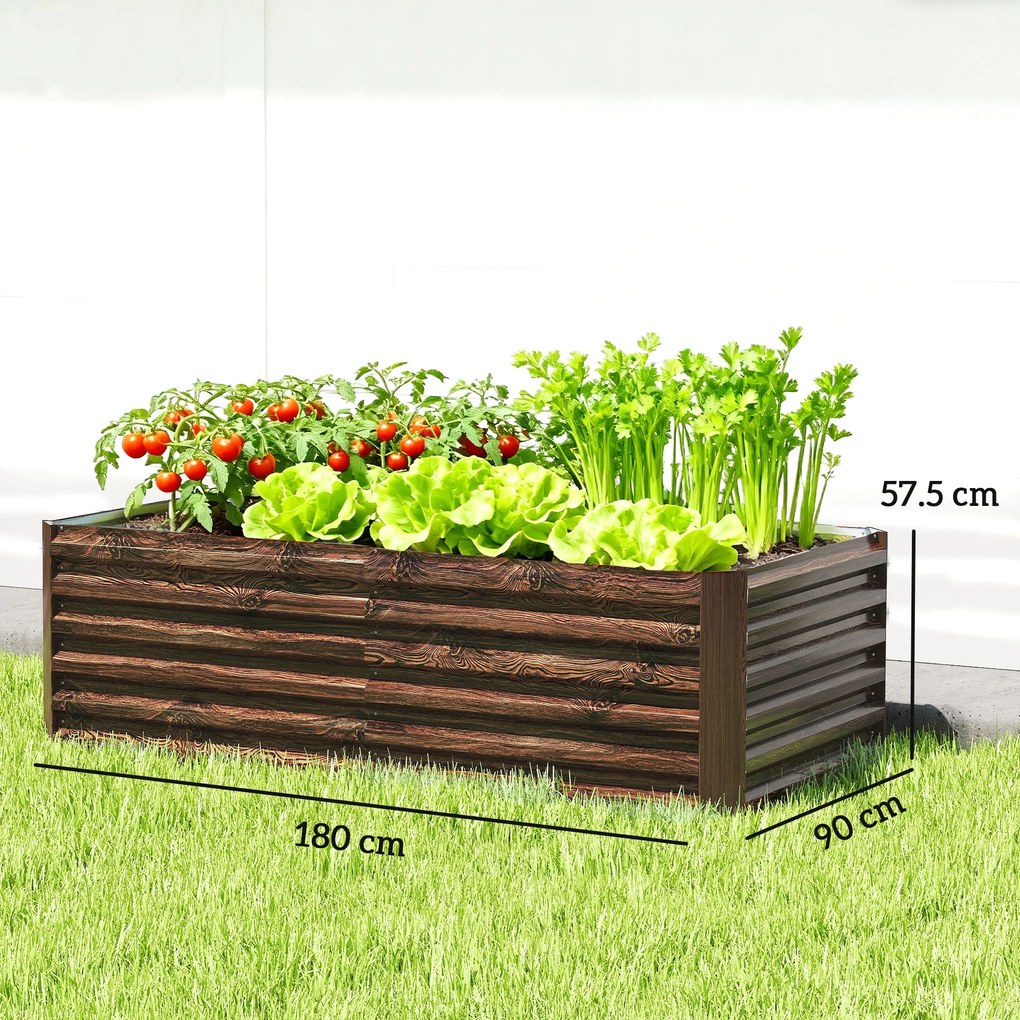 Outsunny Pat pentru Grădină Ridicat cu Fund Deschis și Bare de Suport, Ghiveci din Oțel Zincat pentru Flori și Legume, pentru Balcon sau Grădină, 180x90x57,5 cm, Maro Închis | Aosom Romania