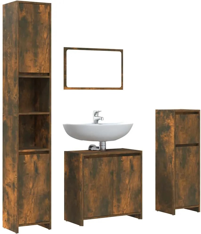 vidaXL Set mobilier de baie, 4 piese, stejar fumuriu, lemn prelucrat