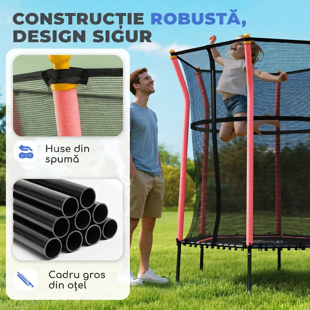 HOMCOM Trambulină Elastică pentru Copii 3-10 Ani cu Intrare cu Fermoar și Țevi Căptușite, Ø163,5x190 cm, Roșu | Aosom Romania