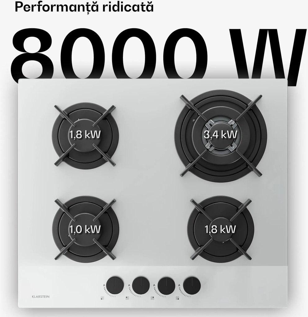 Klarstein Plită pe gaz Velaire, plită cu 4 arzătoare cu aprindere electrică, compatibilă cu gaz natural și GPL, 8000W, 60cm