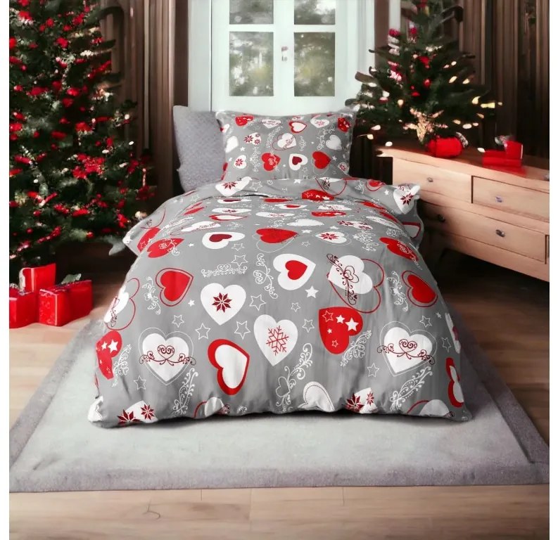 Set lenjerie de pat flanelat INIMI DE CRACIUN gri + cearsaf microfibra SOFT 90x200 cm alb, pat simplu