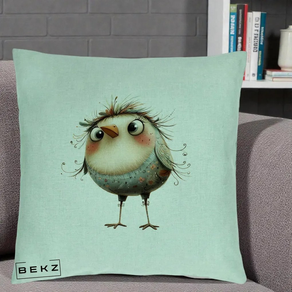 Perna Decorativa Pasare cu Penaj Zbarlit si Gene, 40x40 cm, Verde Menta, Husa Detasabila, Perna Inclusa, BEKZ®