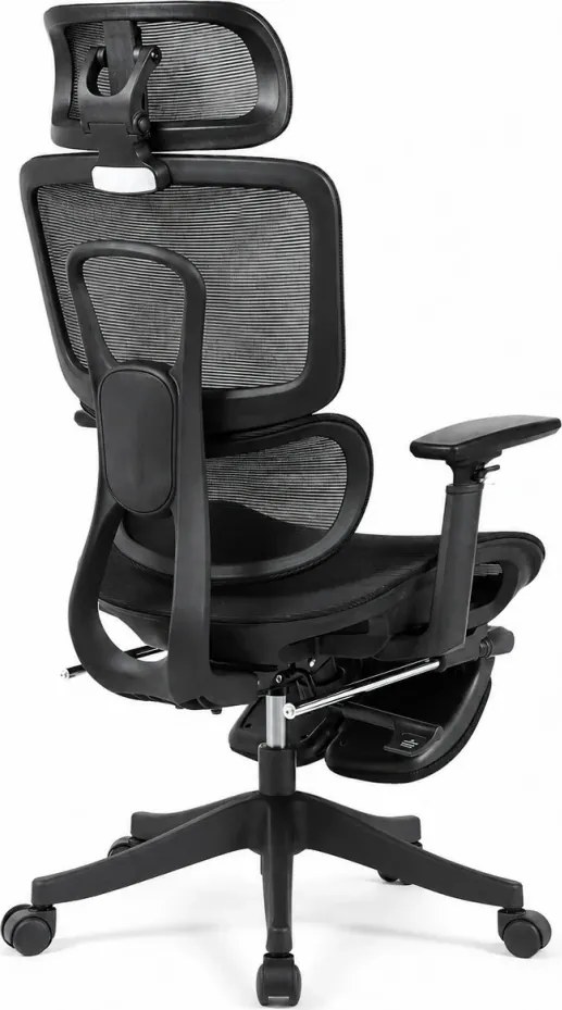 Scaun Ergonomic Premium Mesh cu Suport pentru Picioare, Reclinare 145°, Tetieră Reglabilă, Cotiere 3D, Suport Lombar Elastic și Șezut cu adâncime reglabilă, Negru