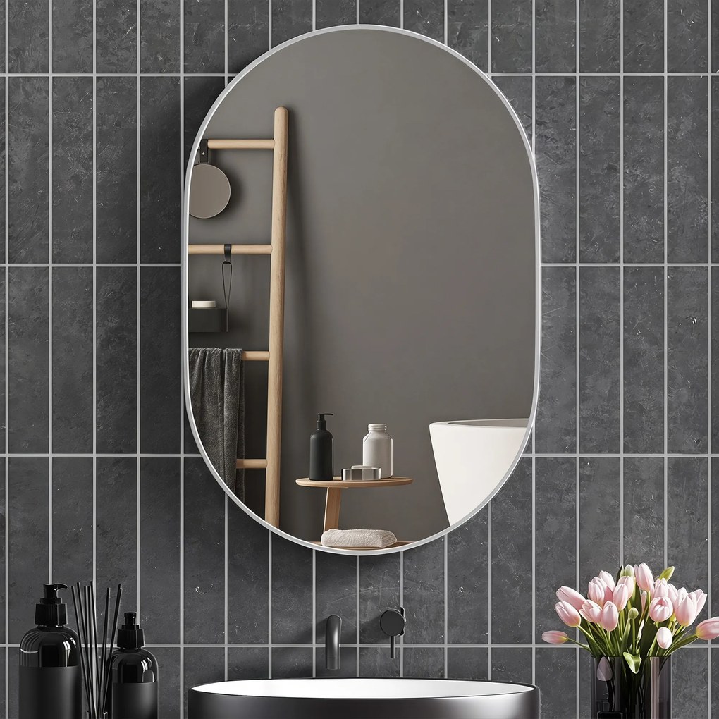 HOMCOM Oglindă Ovală pentru Baie, Oglindă Modernă de Perete cu Rama din Aluminiu și Montaj Vertical sau Orizontal, 60x90 cm, Argintiu | Aosom Romania