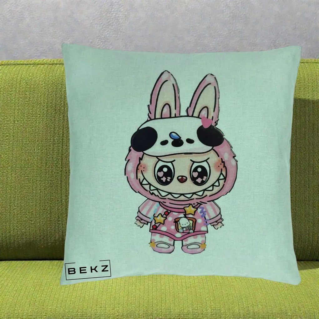 Perna Personalizata Labubu Panda-Bunny Roz, 40x40 cm, Verde Menta, Husa Detasabila, Perna Inclusa, BEKZ®