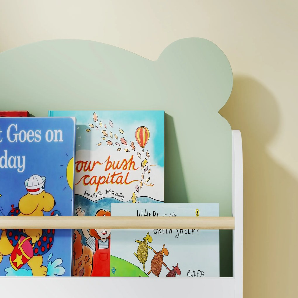 AIYAPLAY Raft pentru cărți copii, raft pentru copii cu 3 niveluri cu temă urs pentru cărți și jucării, 55 x 15 x 110 cm, Verde | Aosom Romania