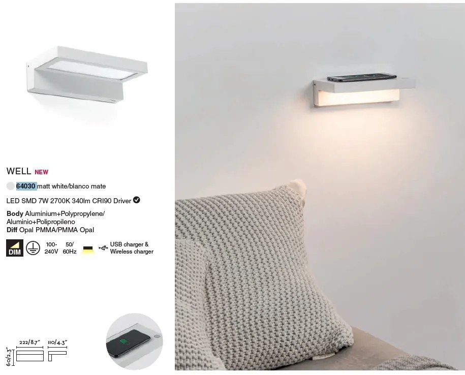 Aplica LED ambientala moderna cu USB + Wireless charger WELL 64030