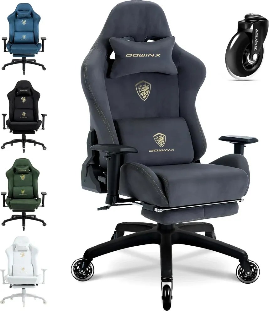 RESIGILAT- DOWINX 68A - Scaun Gaming Ergonomic, Extra-Lat și Construcție Heavy-Duty, Masaj in perna lombara, Material Textil respirabil, Suport picioare, Roti Silicon, Rezistent 150 kg, Gri Inchis