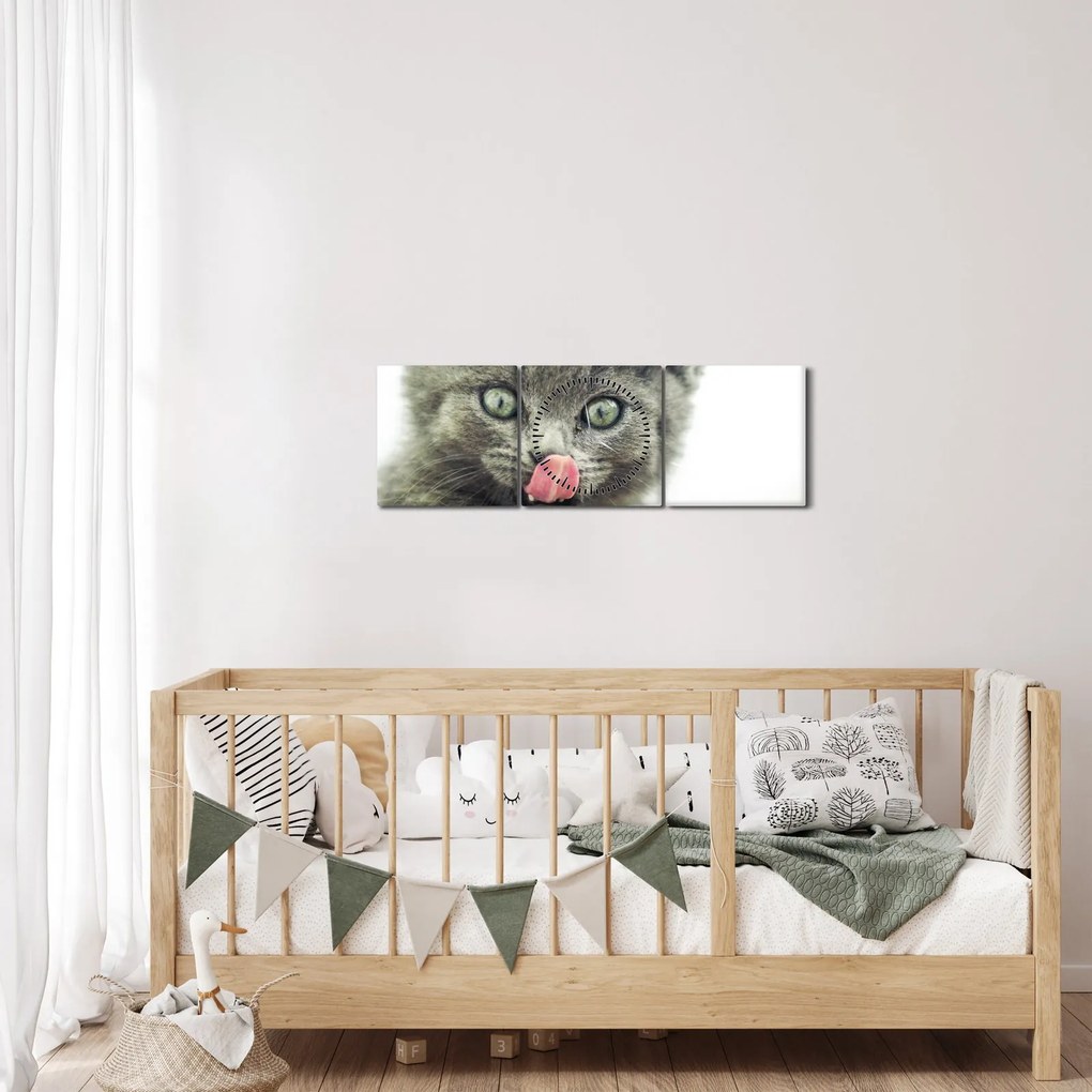 Tablou cu pisicuța lingându-se (cu ceas) (90x30 cm)