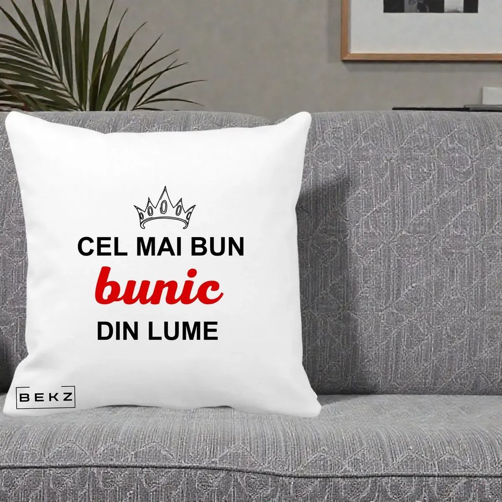 Cadou pentru Bunic - Perna Personalizata Cel Mai Bun Bunic Din Lume Coroana Rosu, 40x40 cm, Alba Mata, Husa Detasabila, Perna Inclusa, BEKZ®