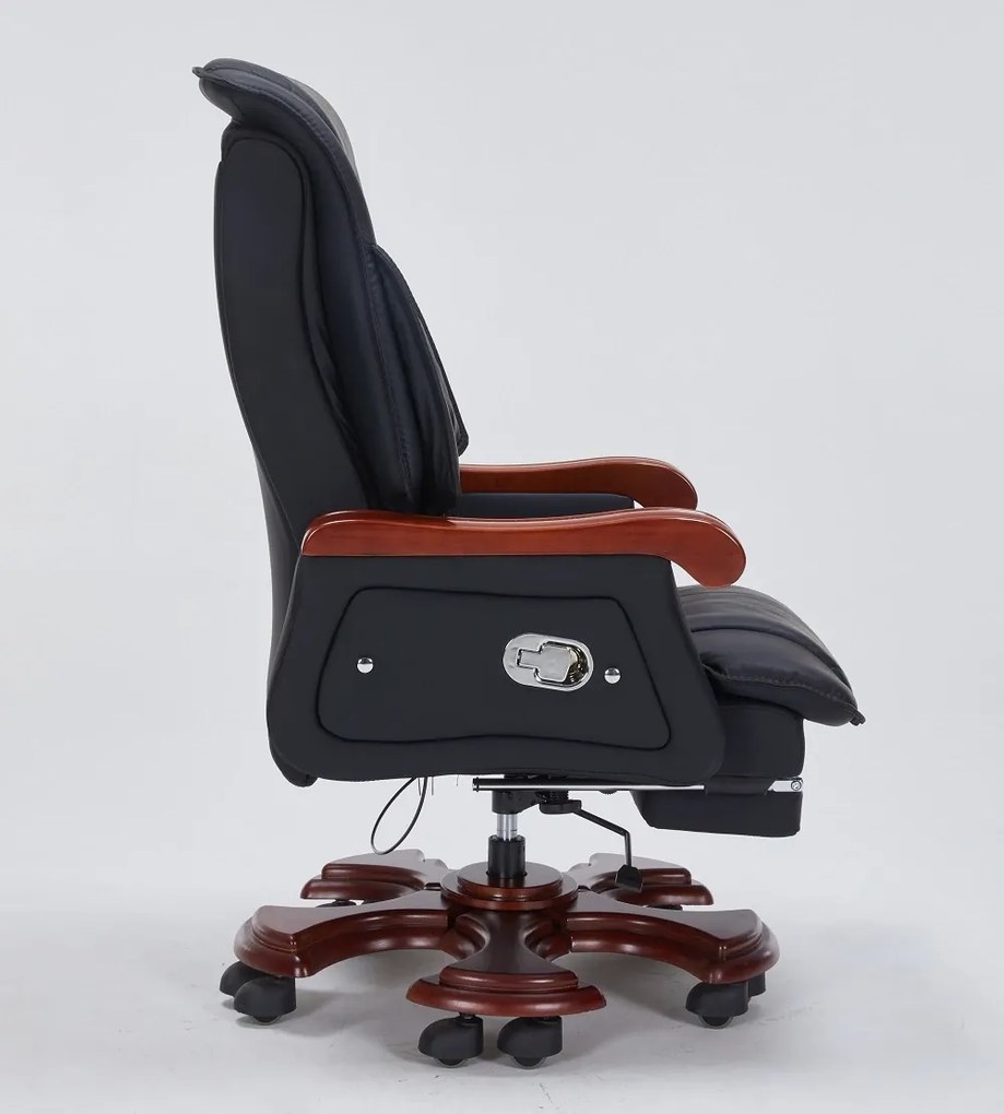 Scaun directorial din lemn masiv, cu suport pentru picioare, mecanism inclinare, inaltime reglabila, pivotant, PU Premium, rezistent 150 kg, Negru
