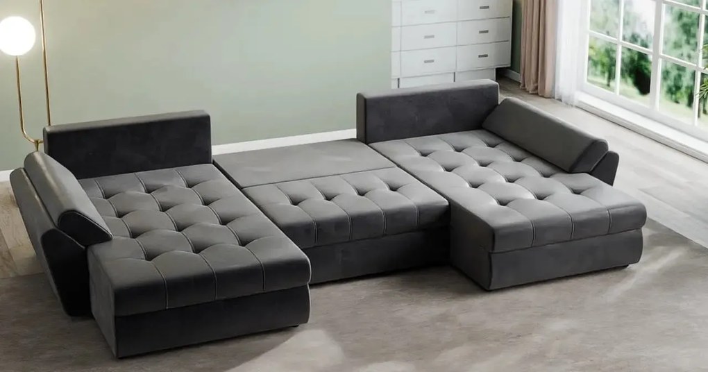 Colțar extensibil dumonde cu ladă de depozitare si sezut confortabil din spuma high-density, Loana U Madagaskar Black 355x185 cm