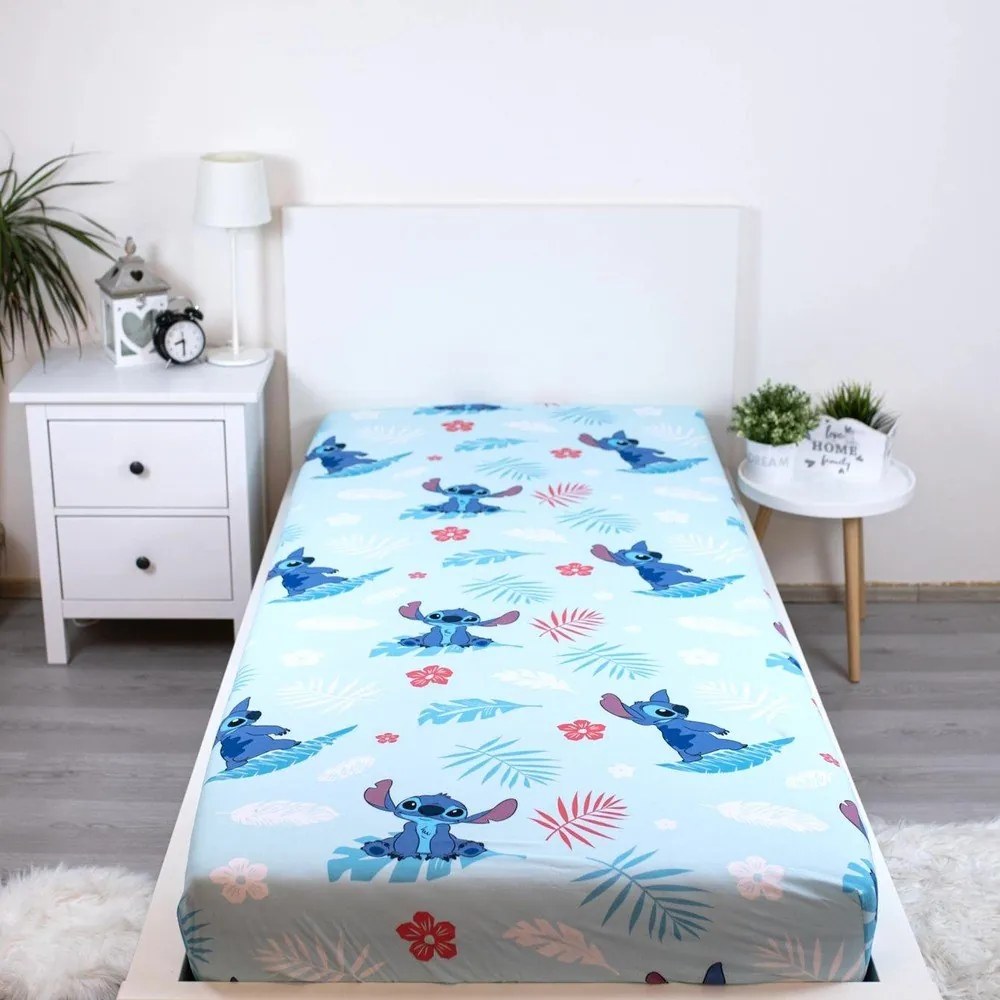 Cearceaf pentru copii albastru din bumbac pentru pat de o persoană cu elastic 90x200 cm Lilo &amp; Stitch "Blue" – Jerry Fabrics