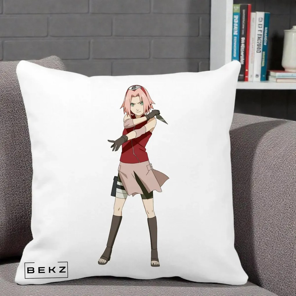 Perna Personalizata Naruto Sakura Haruno Portret, 40x40 cm, Alba Mata, Husa Detasabila, Perna Inclusa, BEKZ®