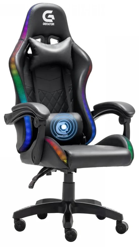 Scaun de gaming cu LED, masaj în perna lombară, design Racing, funcție recliner, telecomanda, Negru