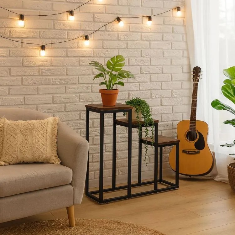 Suport pentru flori Loft - raft metalic cu 3 etaje cu rafturi din lemn