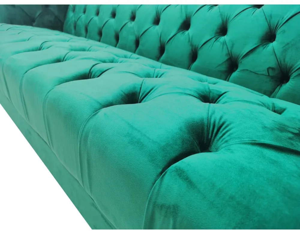 CANAPEA CATIFEA LUX CHESTERFIELD, 210X88X75 CM, CULOARE VERDE SMARALD, SEZUT SPUMA, CADRU LEMN, PICIOARE METAL AURIU