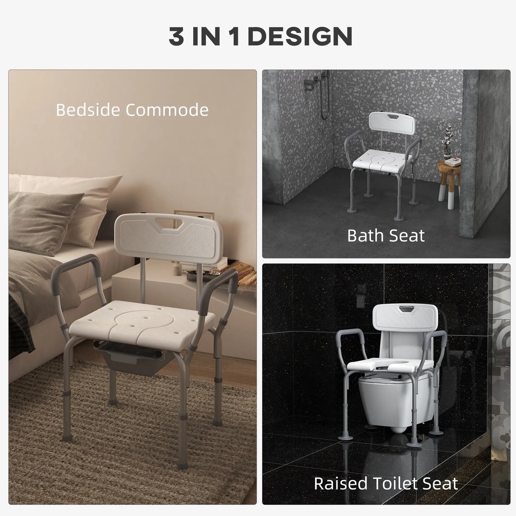 HOMCOM Scaun Baie cu Spătar și Brațe, Toaletă cu Înălțime Reglabilă, Scaun Toaletă cu Plăcuță de Picior, 53,5x46x70-82,5 cm, Alb | Aosom Romania