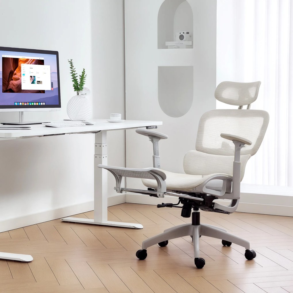 HOMCOM Scaun de birou ergonomic din plasă cu brațe 3D, înclinat la 135°, tetieră reglabilă, bej | Aosom Romania