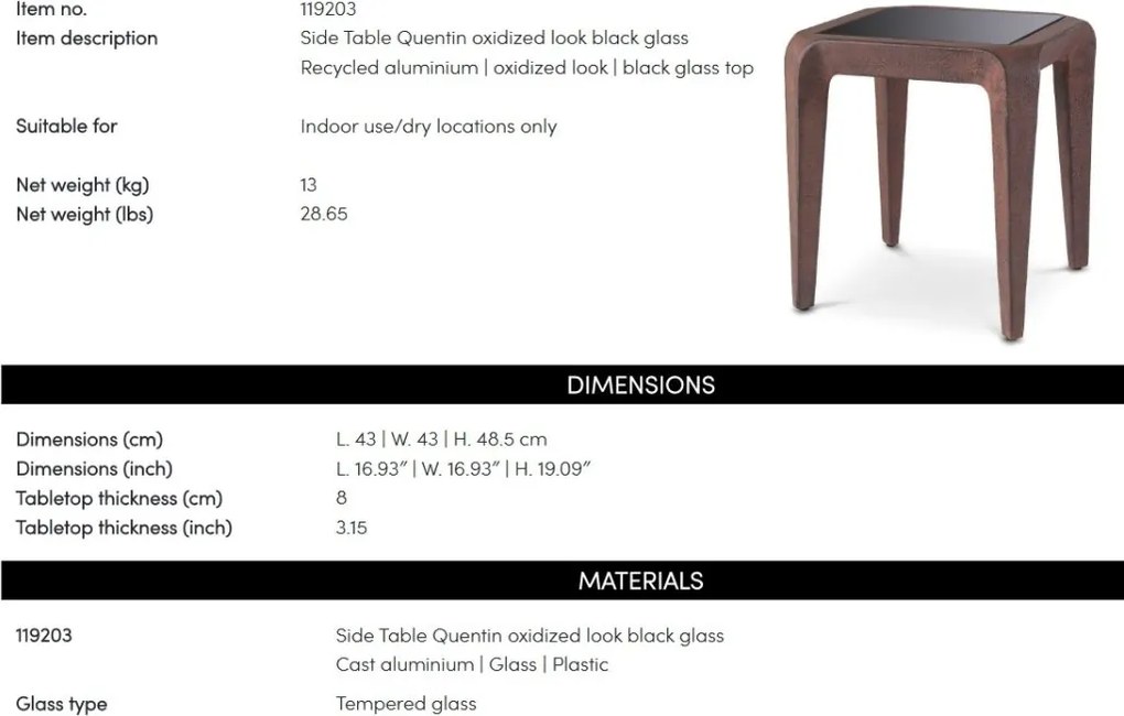 Masuta laterala LUX, Aluminiu Reciclat, Sticla Neagra, Quentin