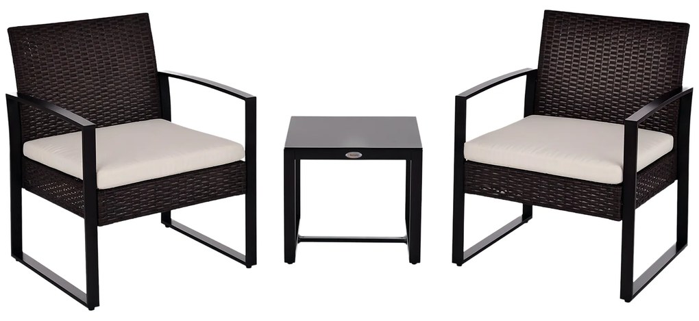 Set de mobilier de balcon Outsunny din Poliratan pentru 2 persoane, set de balcon cu perne Maro+Crem | Aosom Romania