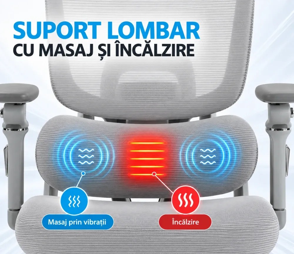 VIGOCHAIR ULTRA PRO FOAM SEAT Scaun ergonomic, spatar reglare verticala, suport lombar cu masaj si incalzire, sezut translatie, cotiere 6D, suport picioare, Gri