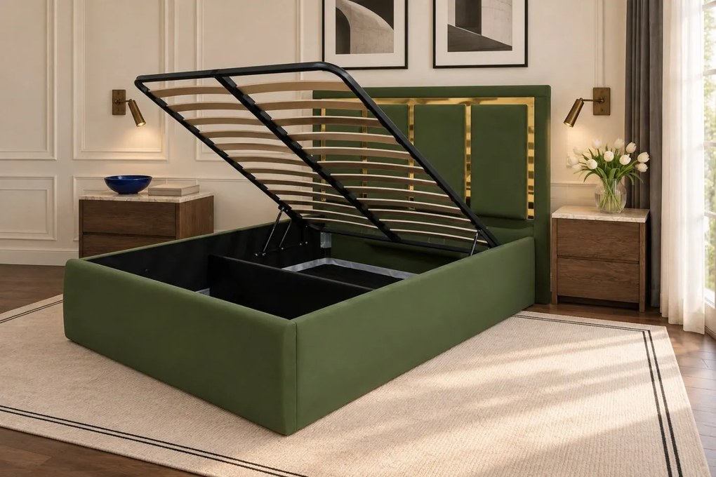 Pat tapițat din catifea Nivora 200×200 cm, kaki, cu ladă de depozitare