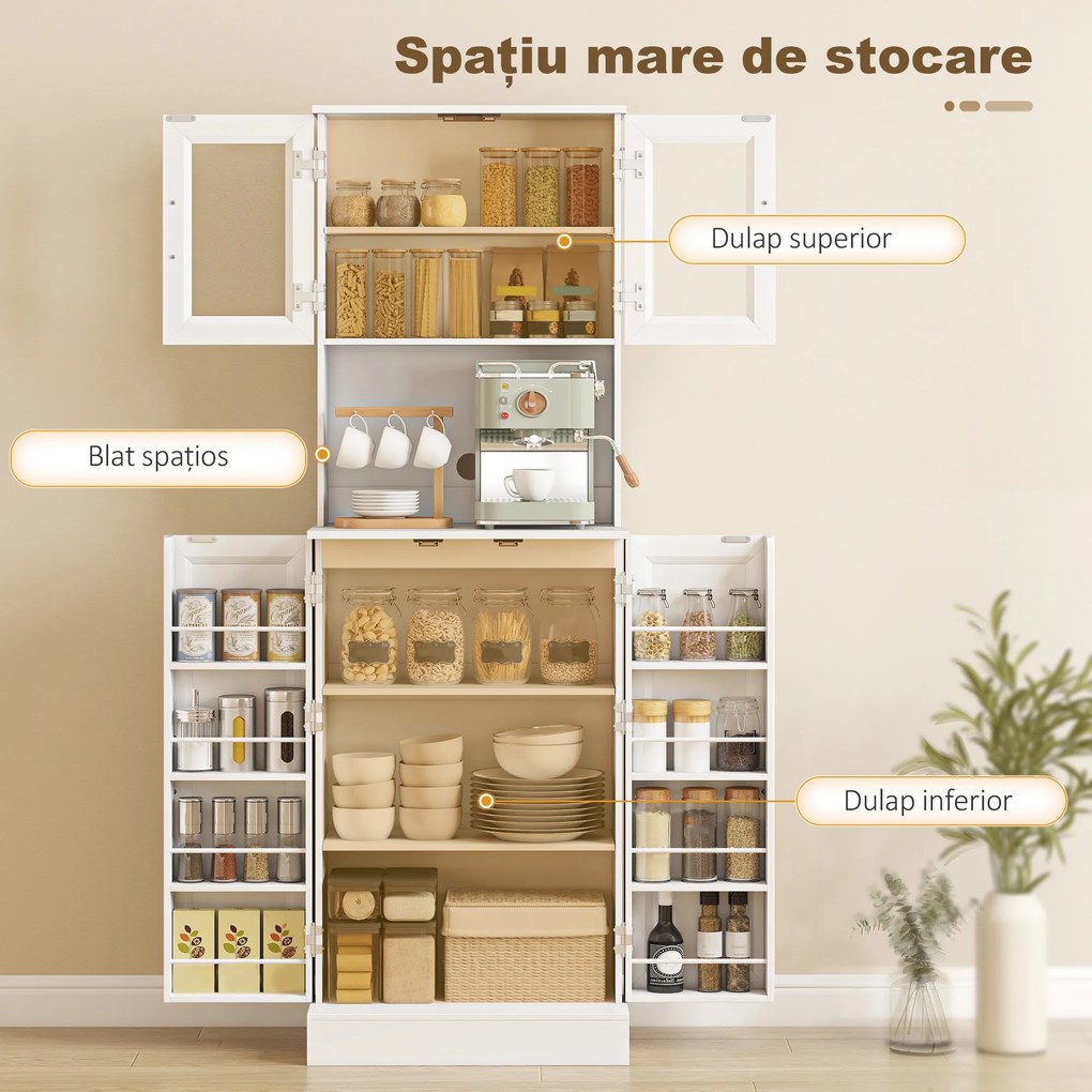 HOMCOM Bufet înalt de bucătărie 180 cm, 8 rafturi pentru condimente pe uși, uși din acril, raft reglabil, orificiu pentru cabluri, alb | Aosom Romania