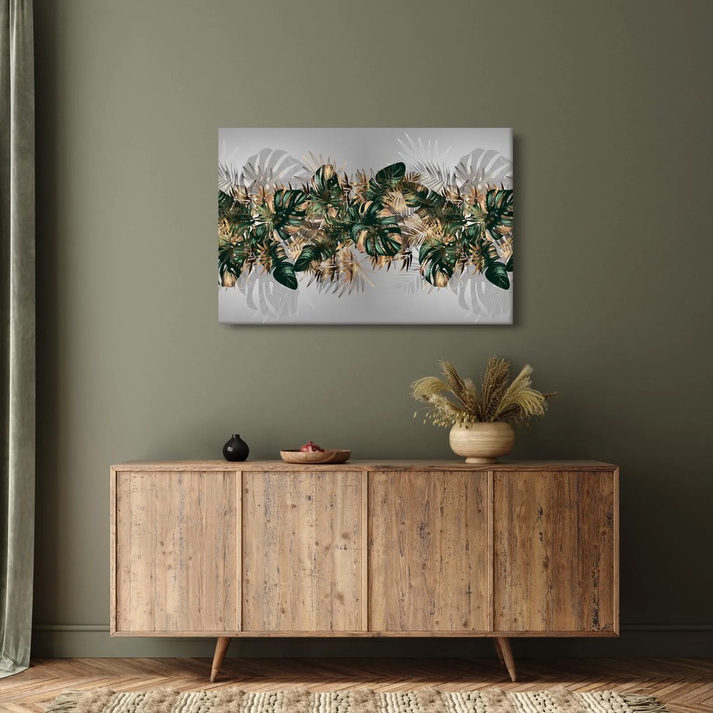 Tablou - Frunze tropicale, Galben - auriu (90x60 cm)