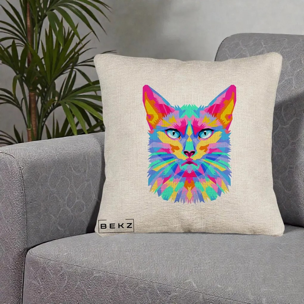 Perna decorativa Pisica Pop Art Multicolor, 40x40 cm cu Umplutura, Bej Canapea, BEKZ