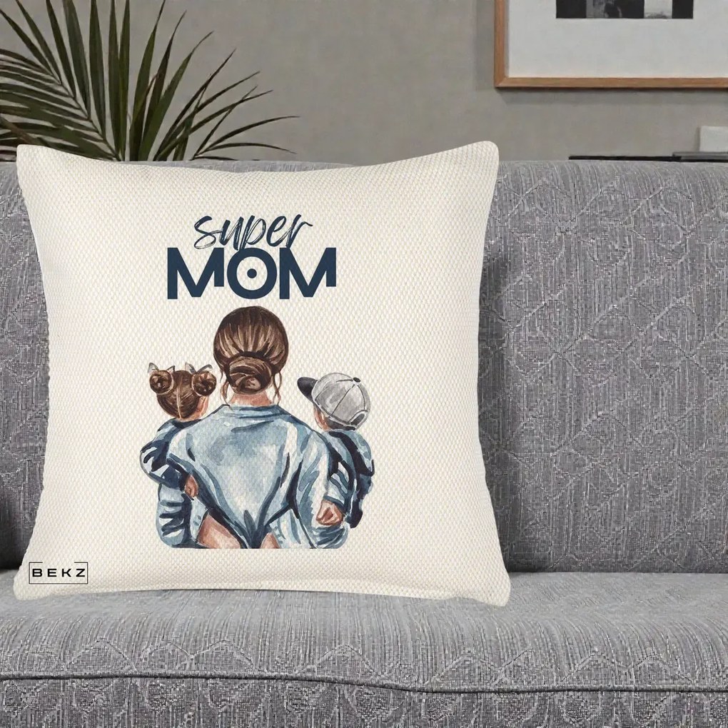 Cadou pentru Mama - Perna Personalizata Super Mom, 40x40 cm, Crem Reliefat, Husa Detasabila, Perna Inclusa, BEKZ®