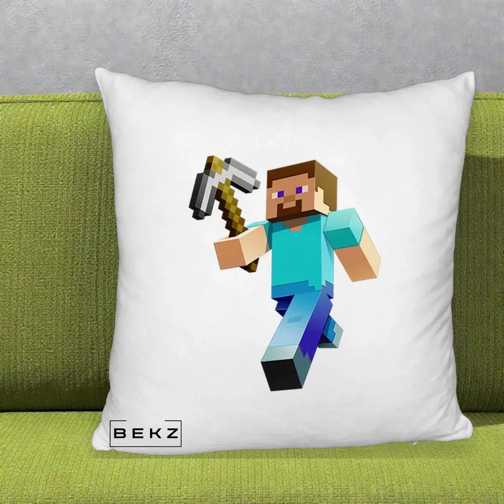 Perna Personalizata Minecraft Steve cu Tarnacop, 40x40 cm, Alb Pufos, Husa Detasabila, Perna Inclusa, BEKZ®