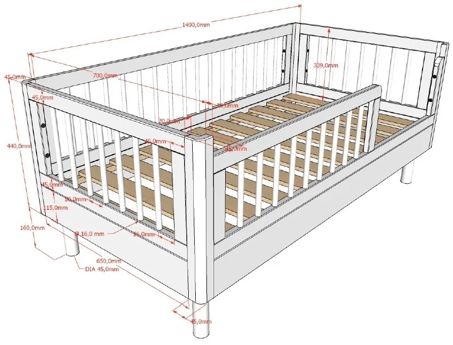 Set FORREST OAK format dintr-un Pat copii pentru copii mici (70 x 140 cm) și o comodă cu 3 sertare.