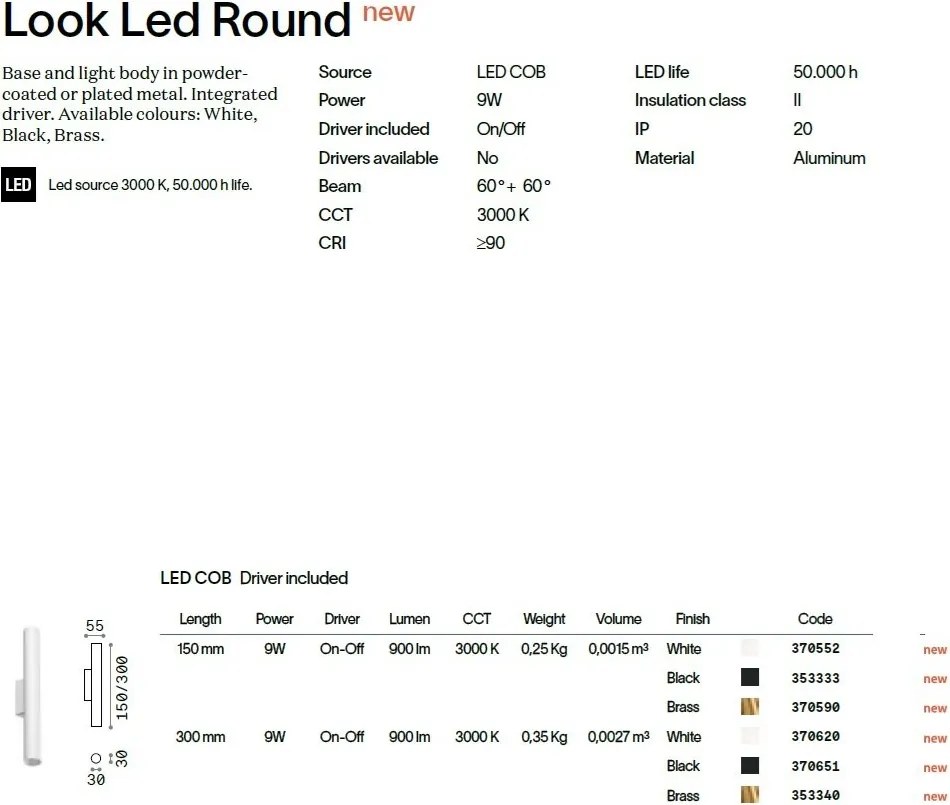 Aplica de perete LOOK LED AP2 ROUND D30 H300 ON-OFF BIANCO 3000K