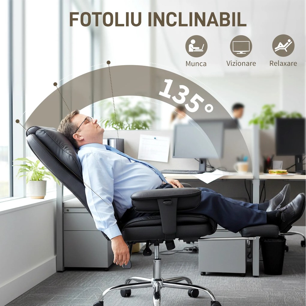 HOMCOM Scaun de birou cu suport pentru picioare și tetieră, din piele PU, spumă și metal, 76x73x117-125 cm, negru | Aosom Romania
