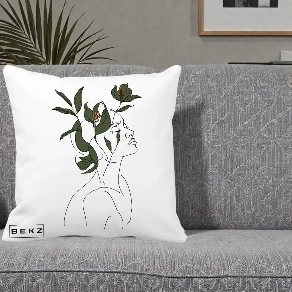 Perna Decorativa Portret Feminin Crin Verde, 40x40 cm, Alba Mata, Husa Detasabila, Perna Inclusa, BEKZ®