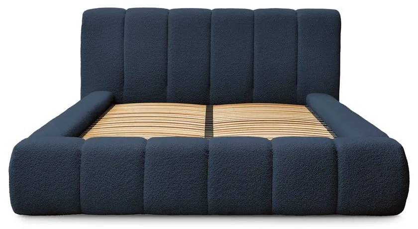 Pat matrimonial albastru închis tapițat cu spațiu de depozitare cu somieră 160x200 cm Denali – Bobochic Paris
