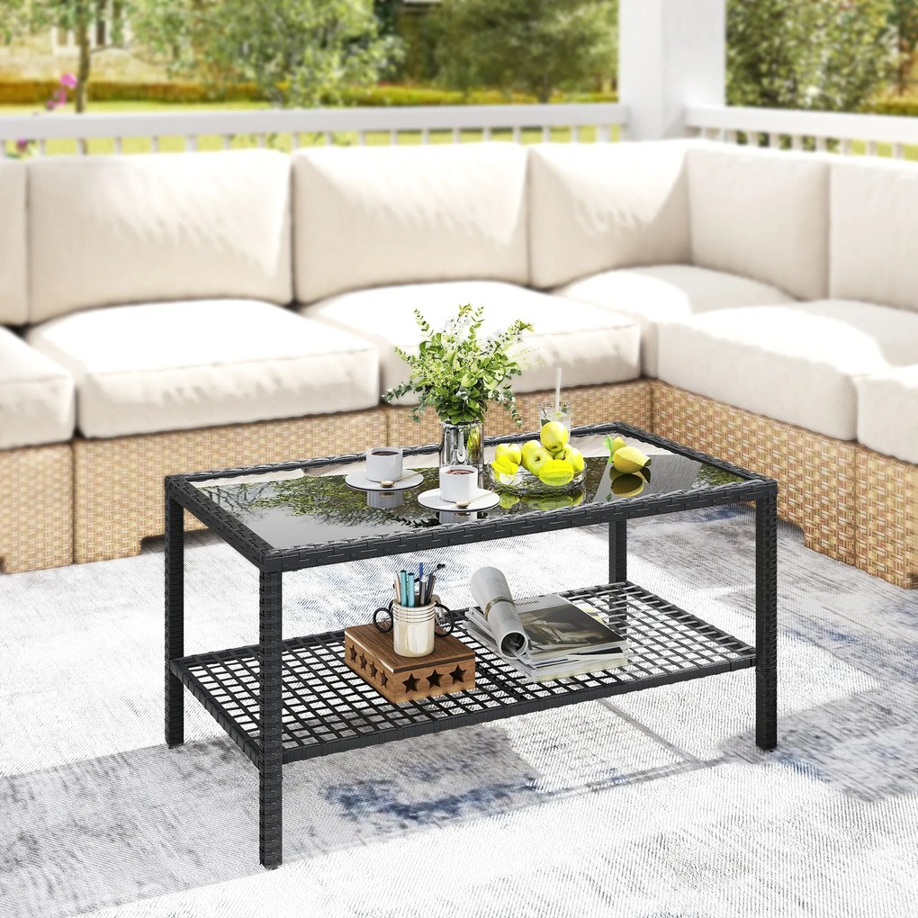 Outsunny Măsuță de Cafea din Ratan pe 2 Niveluri cu Raft, Blat din Sticlă Securizată, Măsuță de Exterior cu Cadru din Oțel, 92x50x45 cm, Negru | Aosom Romania