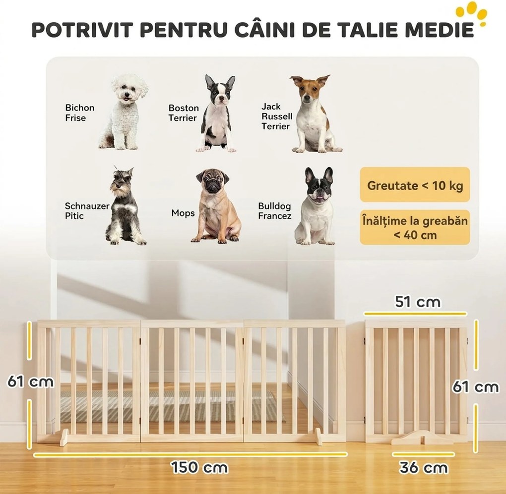 PawHut Poartă Pliabilă pentru Câini cu 3 Panouri, În Nuanțe de Lemn de Pin | Aosom Romania