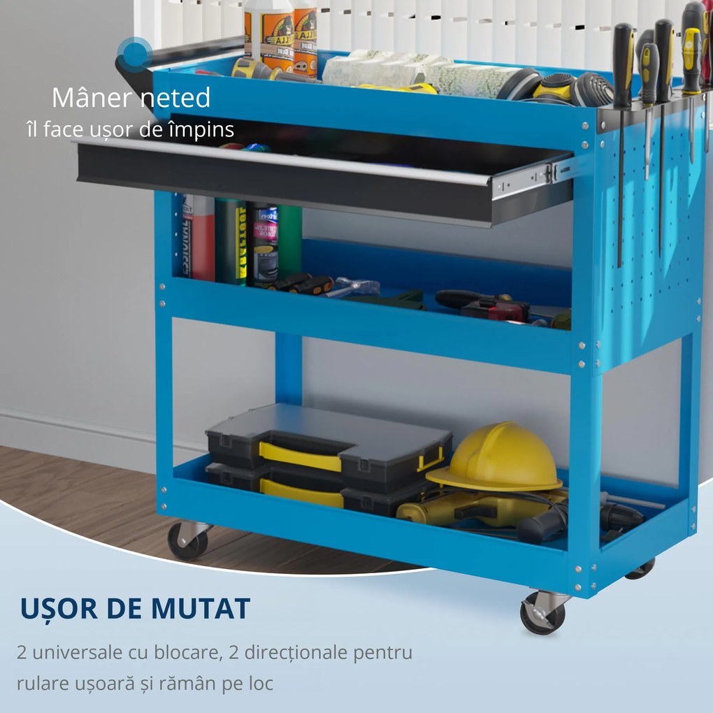 DURHAND Cărucior pentru Scule cu Mâner, Sertar și 3 Rafturi, Cărucior Unelte Practic și Spațios, 82x35x76 cm, Albastru | Aosom România