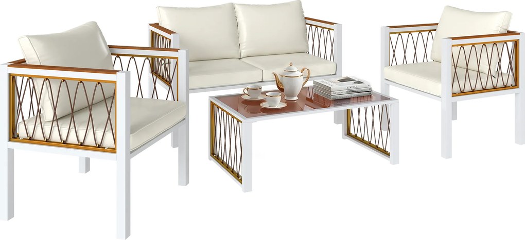 Outsunny Set mobilier grădină 4 piese Polyrattan lounge cu canapea 2 locuri, 2 fotolii, masă cu sticlă, perne detașabile, saltea antiderapantă | Aosom Romania