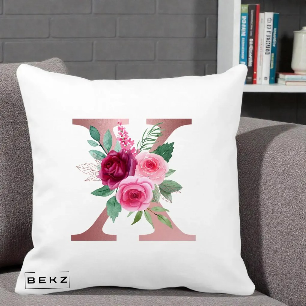 Cadou Personalizat - Perna Personalizata Monograma Rose Gold Litera X, 40x40 cm, Alba Mata, Husa Detasabila, Perna Inclusa, BEKZ®